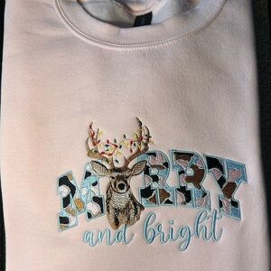 Gildan Pink Merry and Bright Embroidered Sweatshirt
